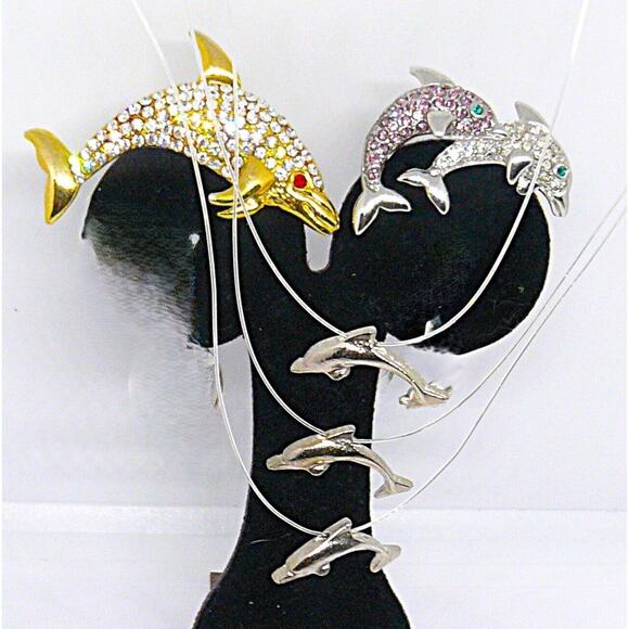 NO BRAND Jewelry - 2 Crystal Gold & Silver Tone Porpoise Dolphin Pin Brooches w Illusion Necklace